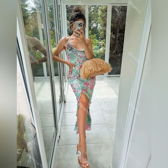 NWT ZARA FLORAL PRINT SLIP DRESS GREEN AND PINK - Picture 8 of 17